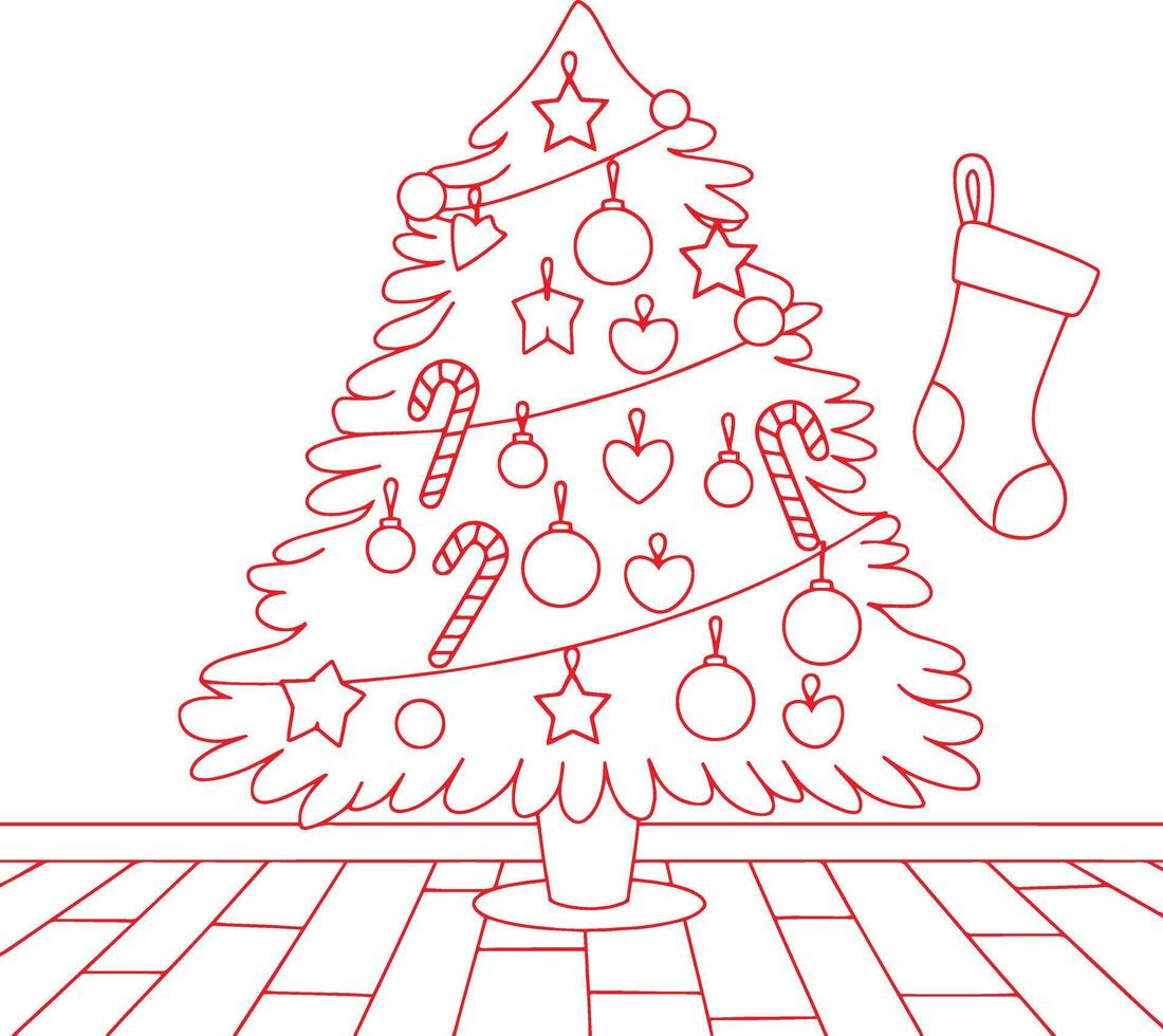 Red color christmas tree coloring page vector