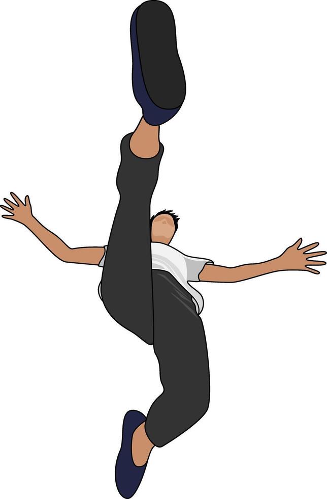 Man in mid air leap showcasing flexibility, agility, and athleticism. The low angle, looking up from below, accentuates the dramatic movement of the high kick and creates energy and motion. vector