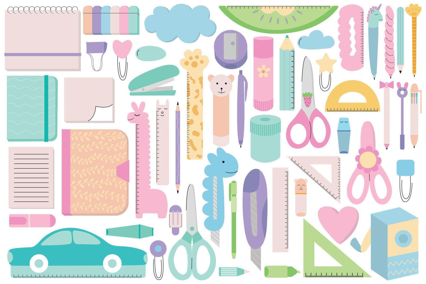 Big set of school supplies flat style. Cute school stationery kawaii set. Pencils, pens, markers, rulers, eraser, paper clips, sharpener, notes, paper stickers. Cute accessories for study vector