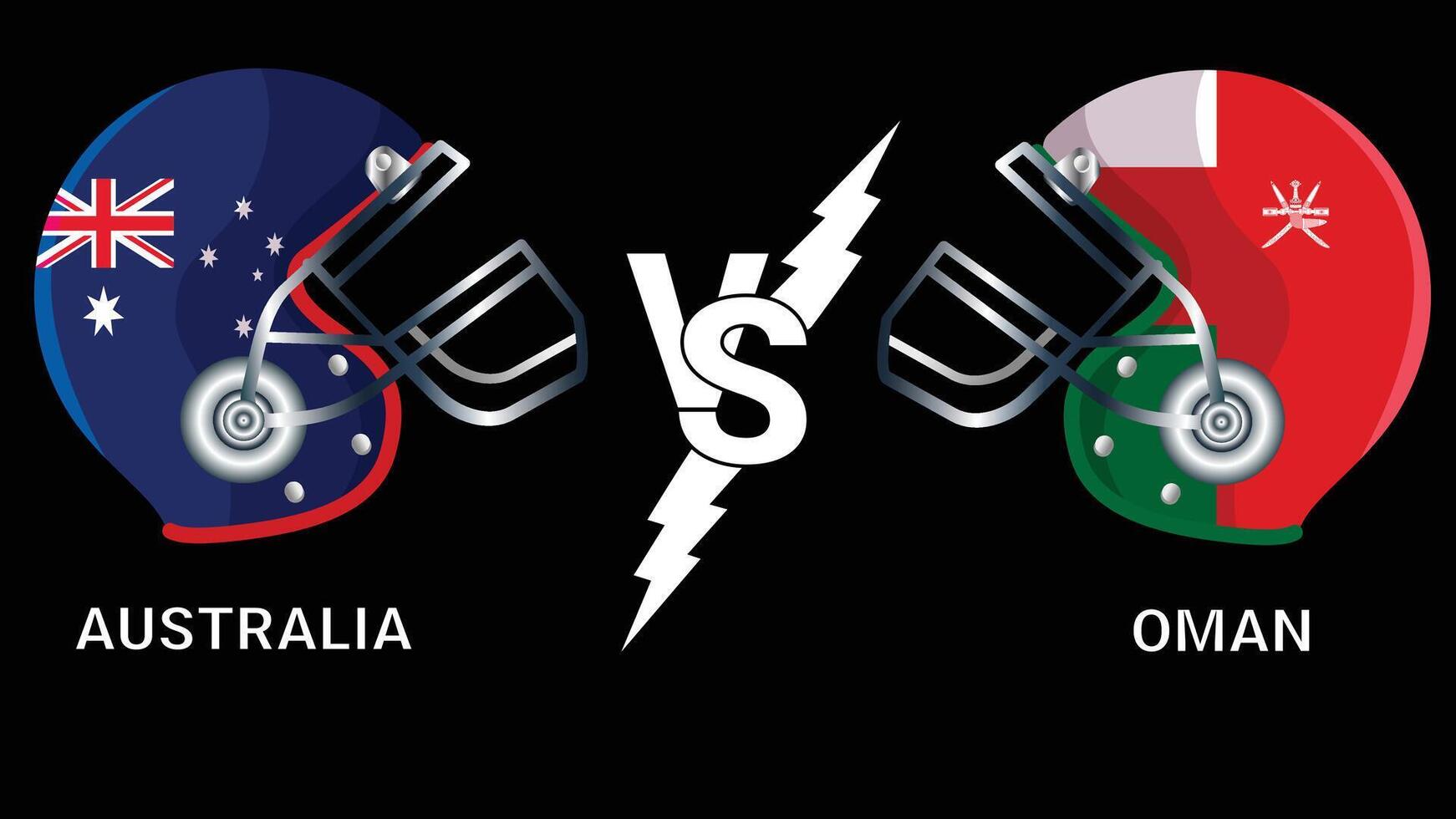 Australia Vs Oman 3D Illustration flags over cricket Helmet for Versus Match with Black Background vector
