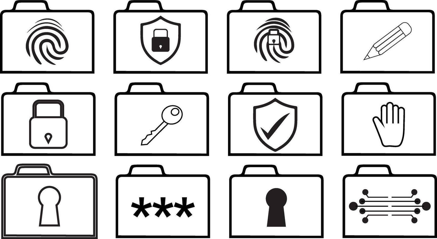 Folder with different security authentication icons logos set isolated on transparent white background vector