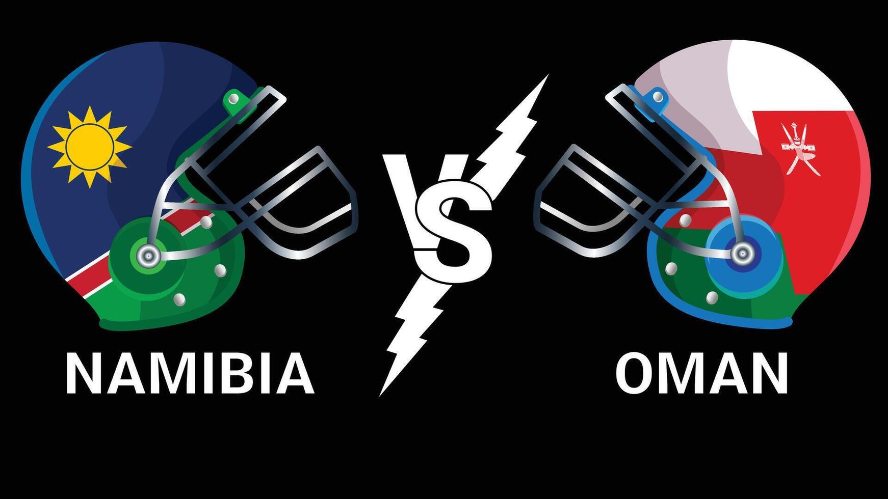 Namibia Vs Oman 3D Illustration. NAM VS OMA flags over cricket Helmet for Versus Match with Black Background vector