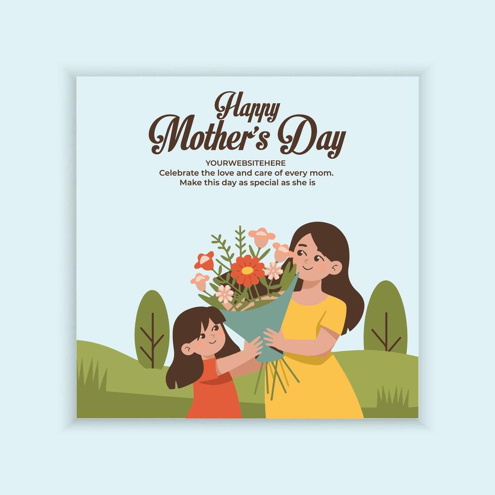Happy mothers day event poster mother and daughter with flowers vector