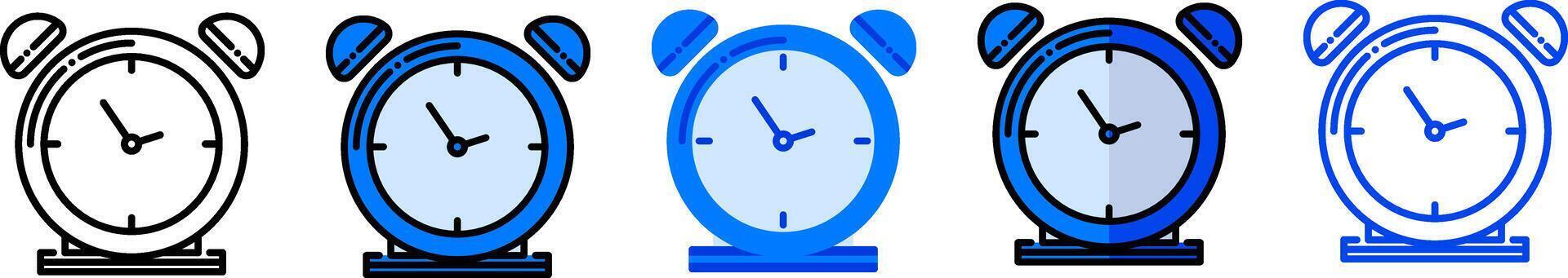 Alarm clock icon set in five styles, suitable as a countdown, alarm, time, and timer symbol. vector