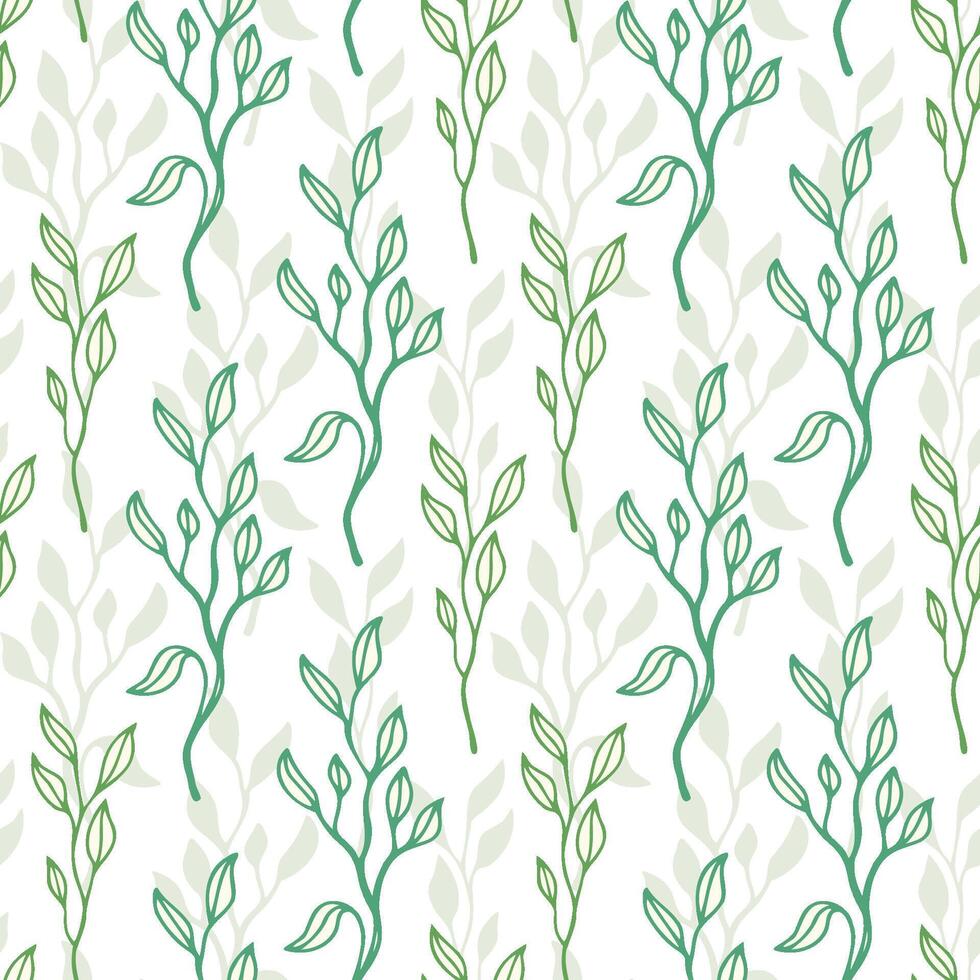 Green leaves greenery seamless pattern with line art nature branch vector
