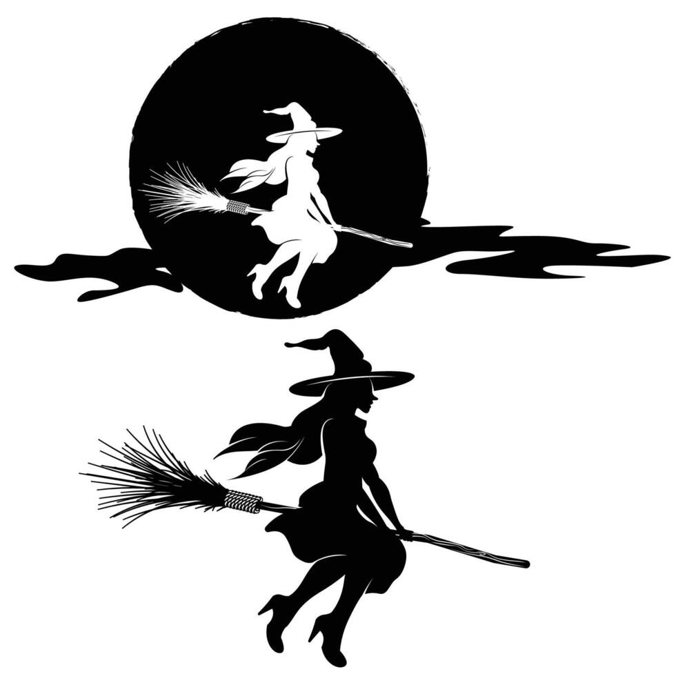 Witch Flying on Broom Silouhette vector