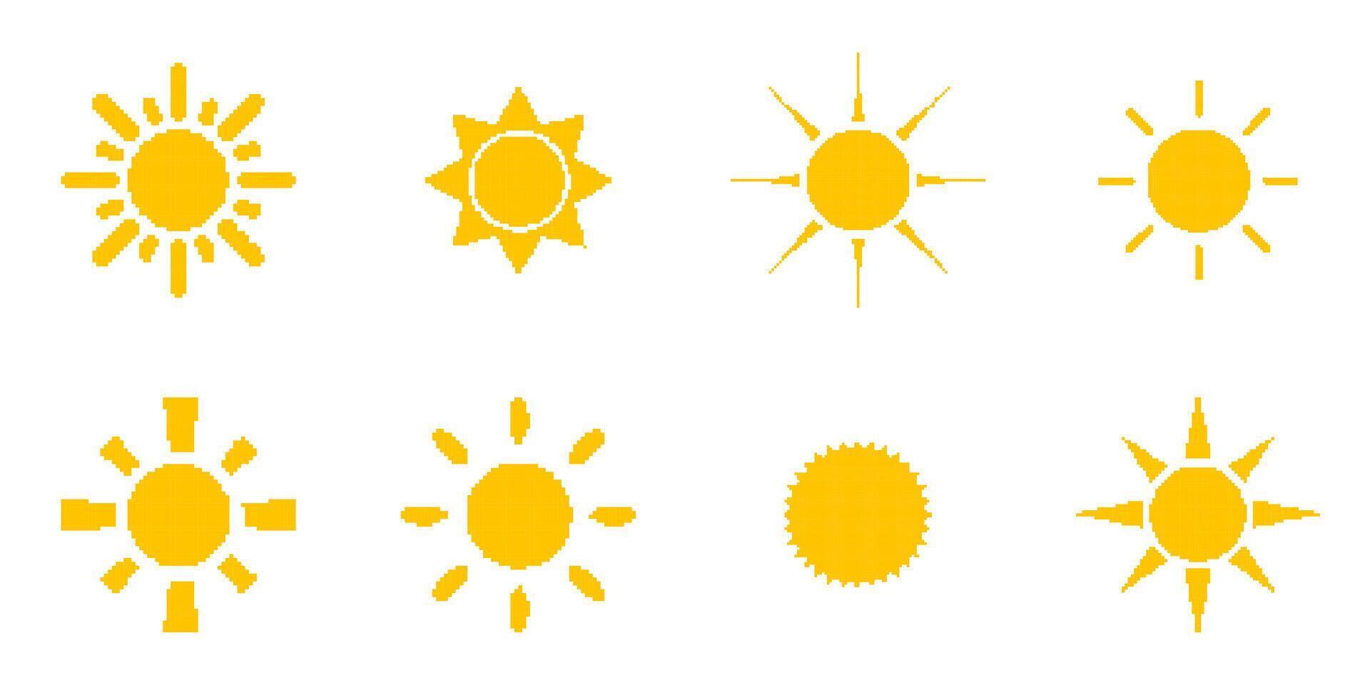 Pixel Art Sun Icon Set. Pixelated Sun Icons in Nostalgic 8 Bit Style. Weather Retro UI Design Element. Isolated Illustration vector