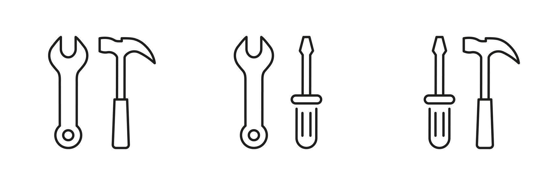Tools Line Icon Set Including Wrench, Hammer, and Screwdriver for Maintenance and Repair. Toolkit for Maintenance Tasks Outline Symbol Collection. Editable Stroke. Isolated Illustration vector