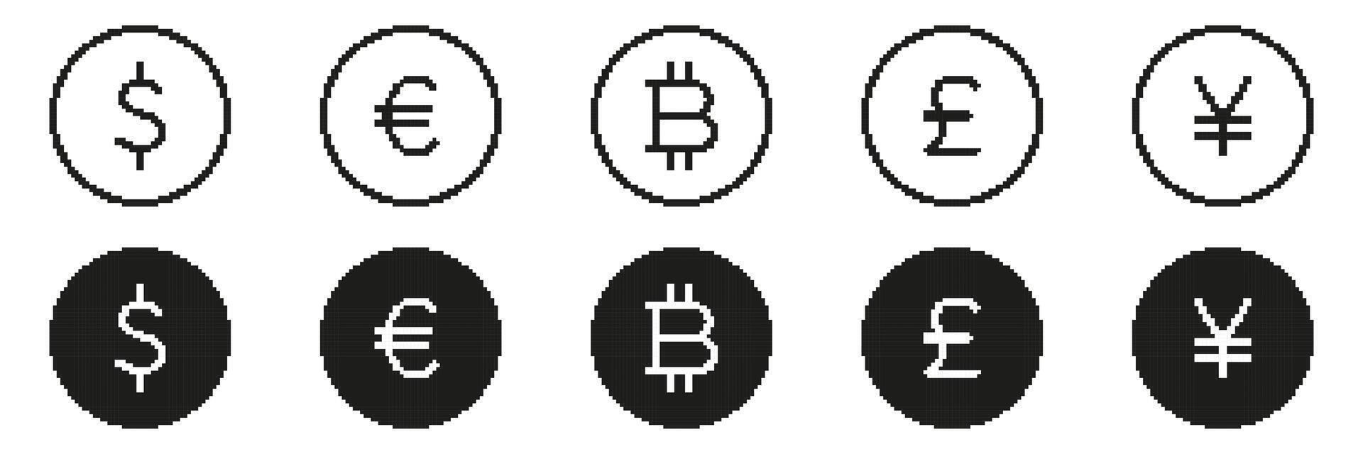 Pixel Art Dollar, Euro, and Bitcoin Icons Set. Retro Style Pixelated Currency Circular Symbols Collection. Isolated Illustration vector
