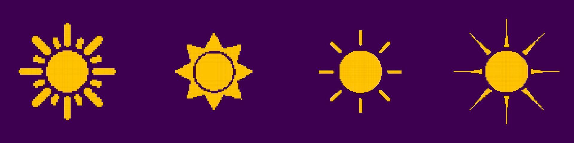 Vintage Game Currency Symbol Set. Sun Pixel Art Icon. Retro Game Yellow Sun Isolated on Dark Background. Isolated Illustration vector