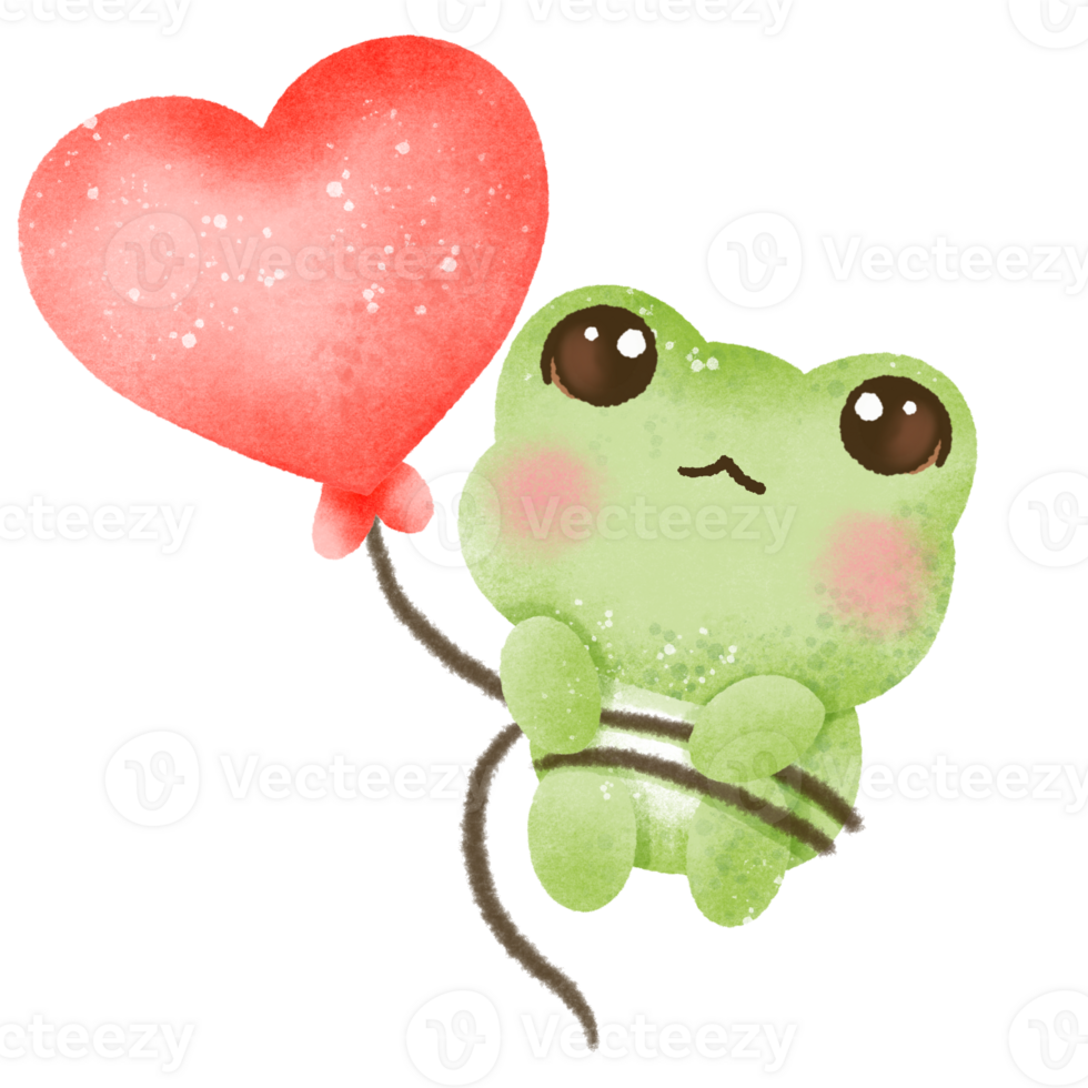 A watercolor hand drawn cute illustration for love valentines day invitations greetings heart printable a frog tied to a heart shaped balloon png