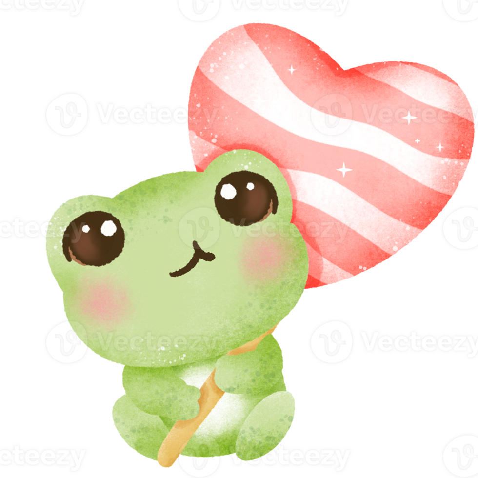 A watercolor hand drawn cute illustration for love valentines day invitations greetings heart printable a frog holding a heart lollipop png