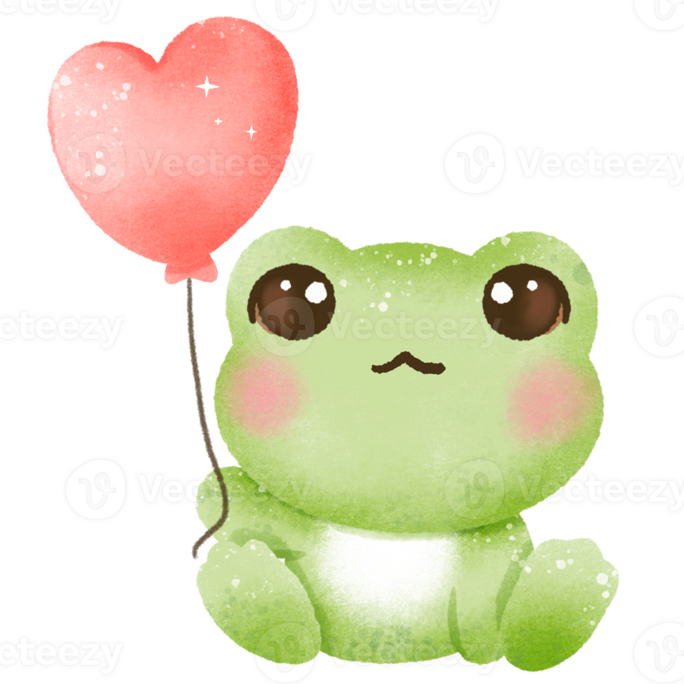 A watercolor hand drawn cute illustration for love valentines day invitations greetings heart printable a frog holding a heart shaped balloon png
