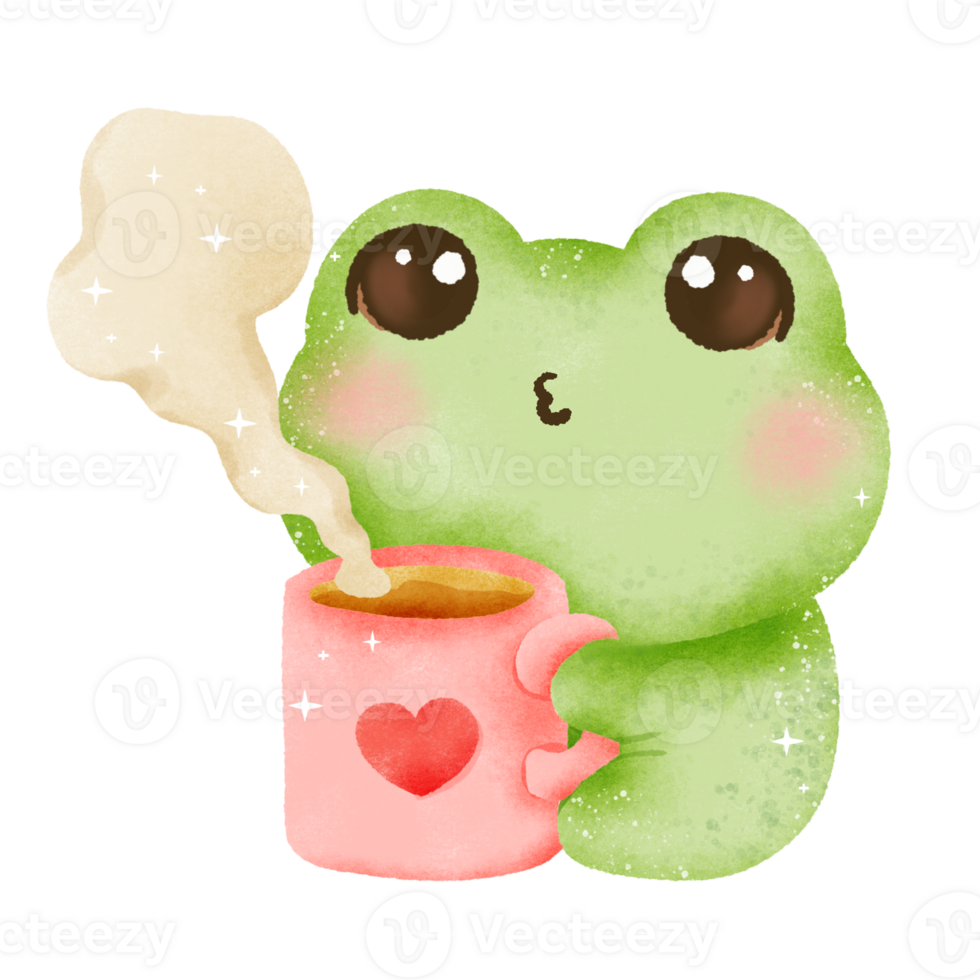 A watercolor hand drawn cute illustration for love valentines day invitations greetings heart printable a frog drinking from a heart mug png