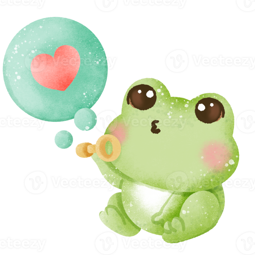 A watercolor hand drawn cute illustration for love valentines day invitations greetings heart printable a frog blowing a heart bubble png
