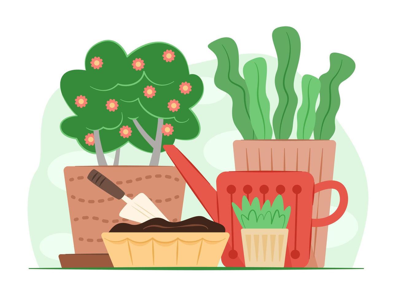 Flower Plant in Flower Pot with Gardening Tools for Gardening Concept Illustration vector