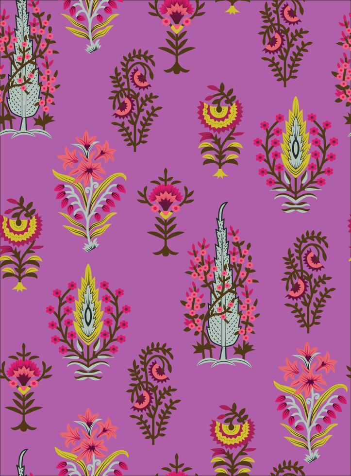A purple and pink floral pattern with a tree in the center vector