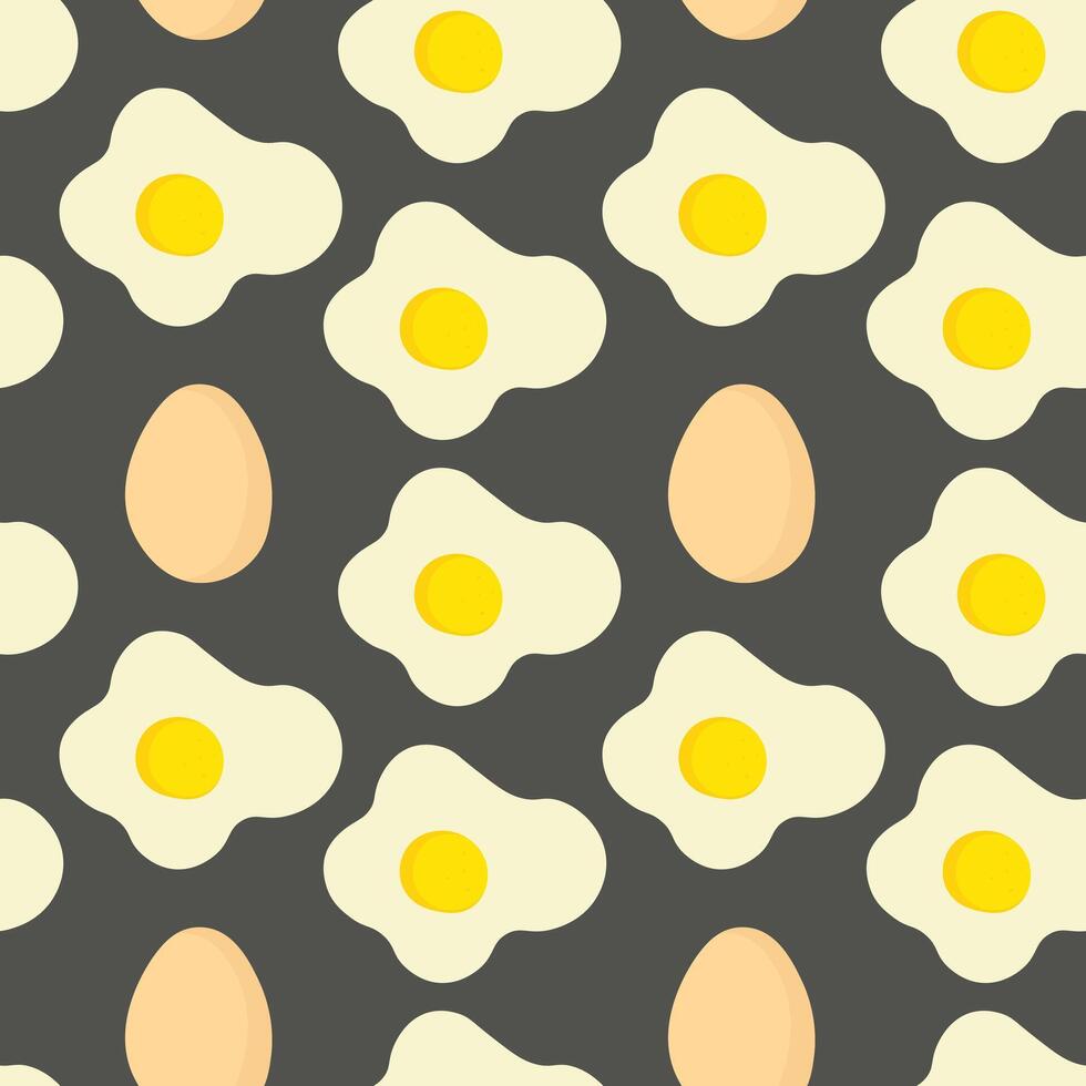Seamless pattern with fried eggs and whole eggs on dark background, flat simple design style. vector