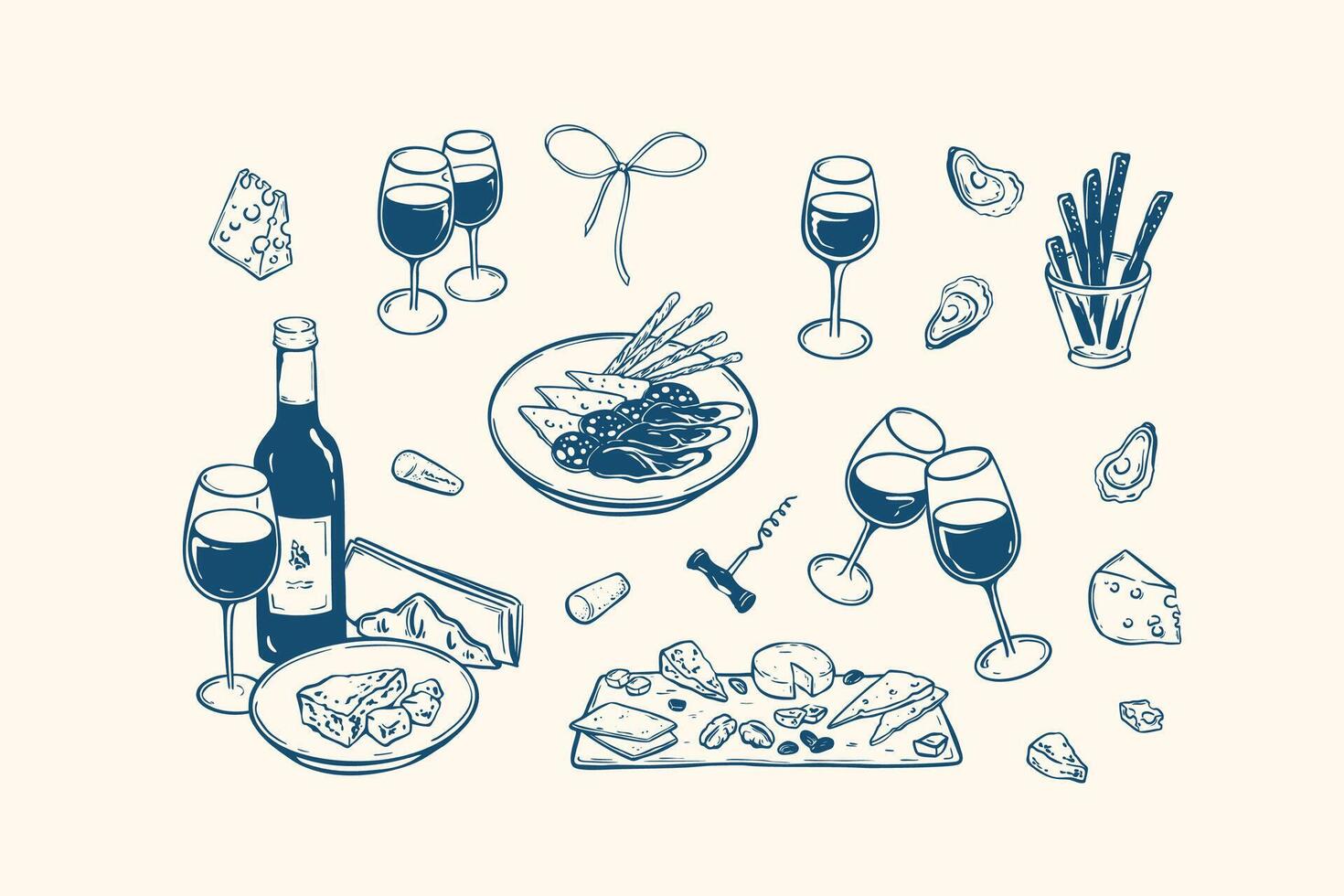 Wine and poetisers minimalist handwriting illustrations set. La Dolce Vita. Brie, camembert, roquefort, parmesan cheese, salami, jamon charcuterie board and platte. Summer Italian picnic vector