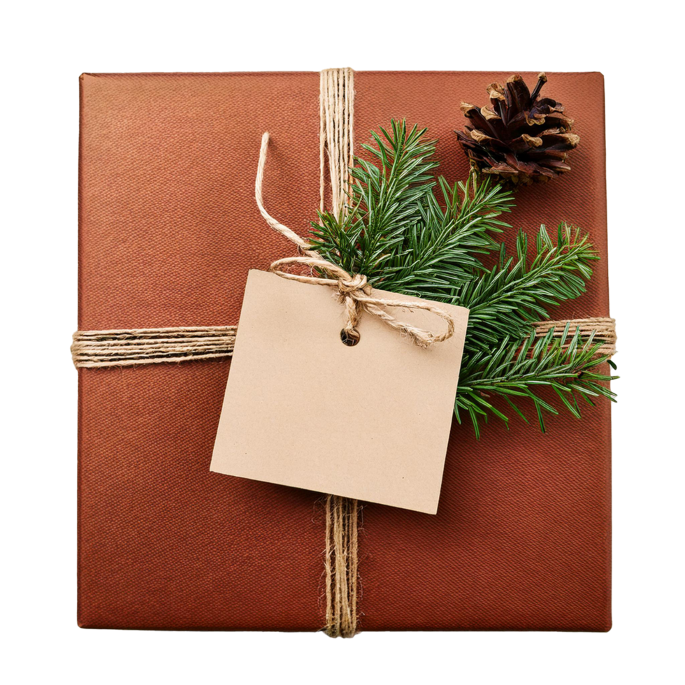 Gift box christmas tree leaf with a tag on it is wrapped in a brown paper png