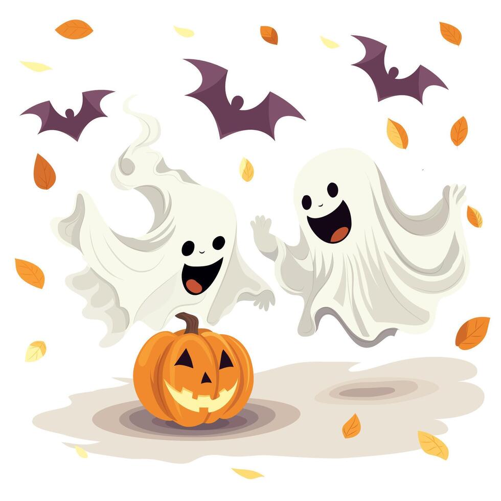 Dancing together ghosts with a pumpkin vector