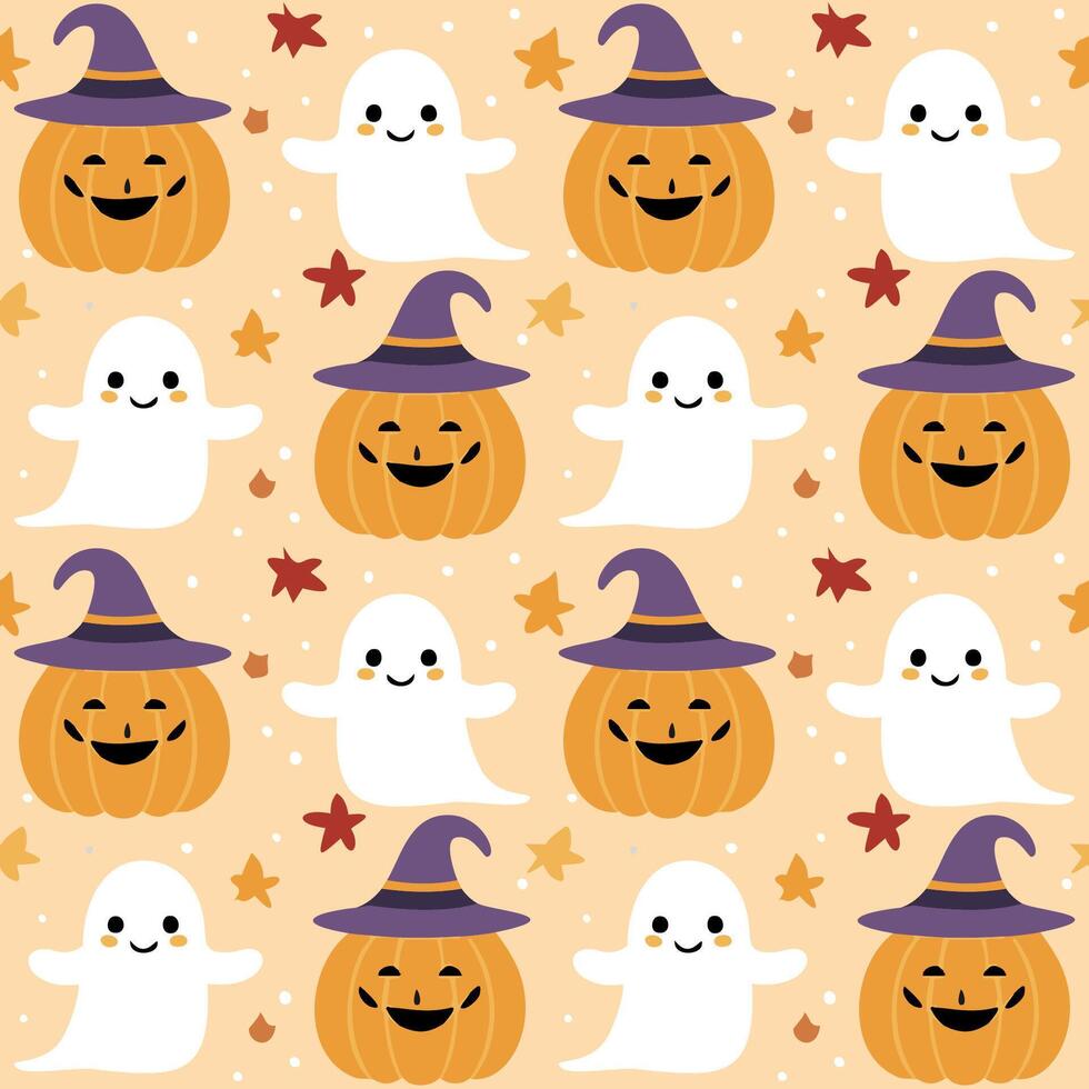 Halloween holiday seamless pattern. Cute ghost, witch hat, and pumpkin Repeat background for fabric, wrapping paper, textile, wallpaper and craft. vector
