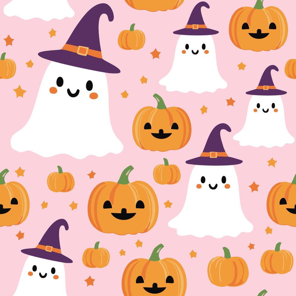 Halloween seamless pattern cute ghost, pumpkin, and witch hat. Repeat Halloween background for fabric, wrapping paper, textile, wallpaper and craft. vector