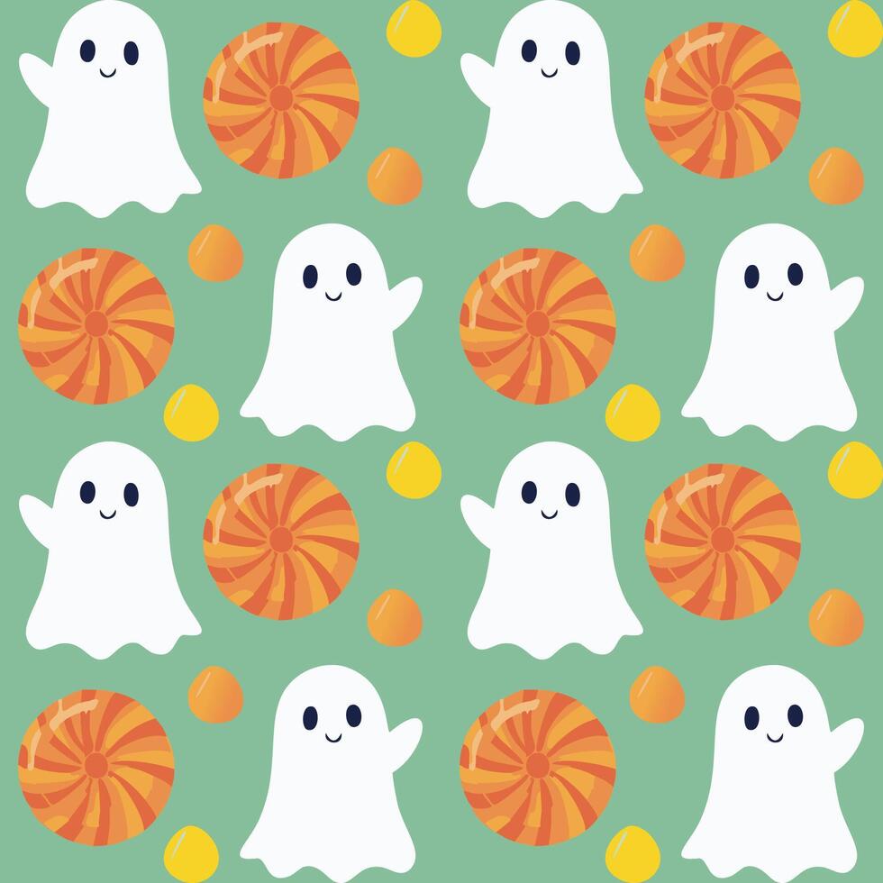 Cute ghosts and candies seamless pattern for Halloween holiday. Halloween background for fabric, wrapping paper, textile, wallpaper and craft. vector