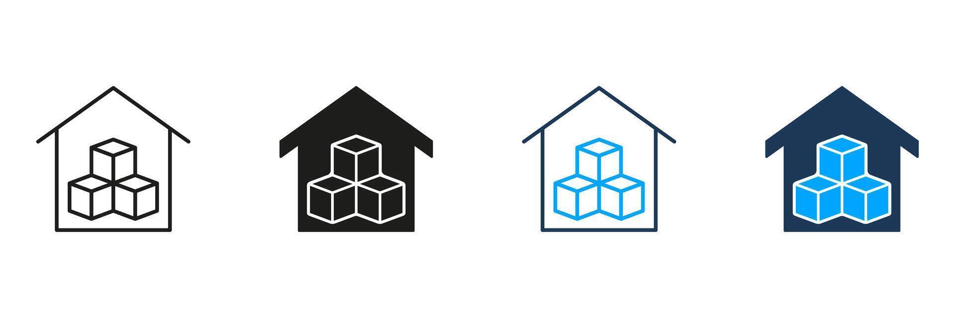 Warehouse Line and Silhouette Icon Set. Storage Building Pictogram. Storehouse for Shipping Service Symbol. Commercial Cargo Box in Store House Sign. Editable Stroke. Isolated Illustration vector