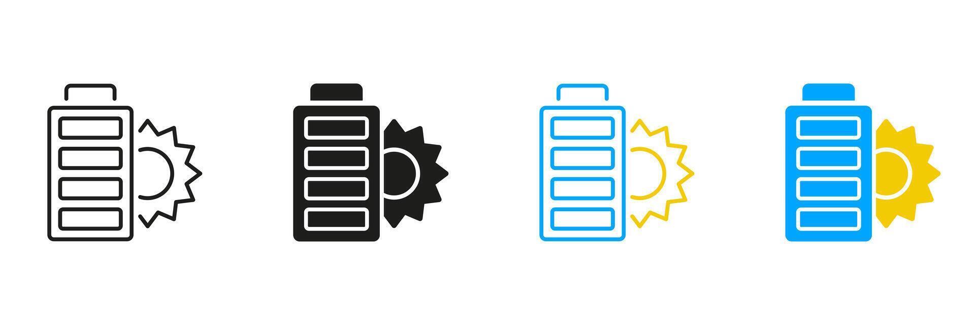 Solar Battery Line and Silhouette Icon Set. Renewable Green Alternative Energy. Ecological Technology Sign. Sun Light Sustainable Power Pictogram. Editable Stroke. Isolated Illustration vector