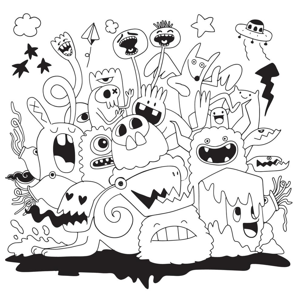 Hand Drawn Doodle with Playful Monsters and Fun Expressions vector