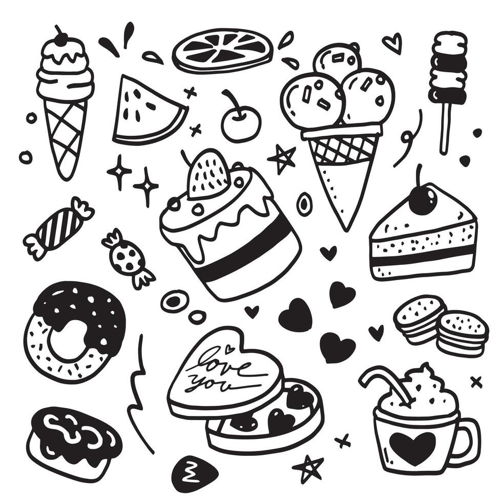 Hand Drawn Doodle of Sweets and Desserts with Cakes and Ice Cream vector