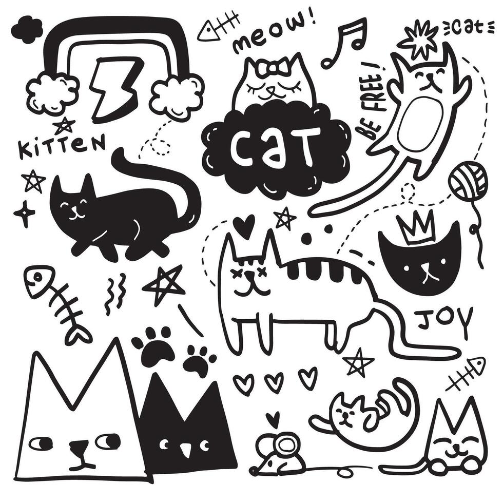 Playful Cat Doodle Collection with Fun Elements vector
