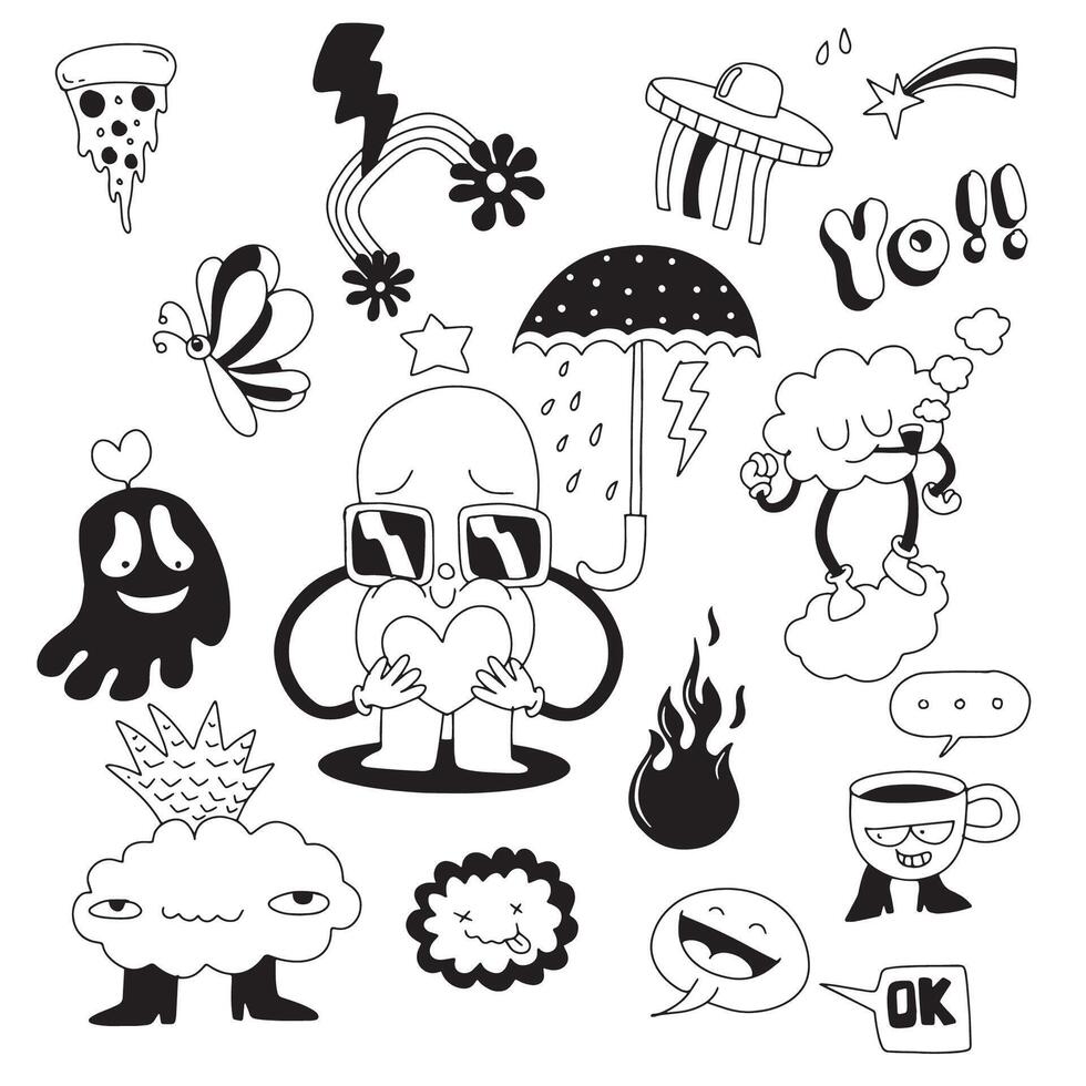 Hand Drawn Doodle with Fun Characters and Whimsical Elements vector