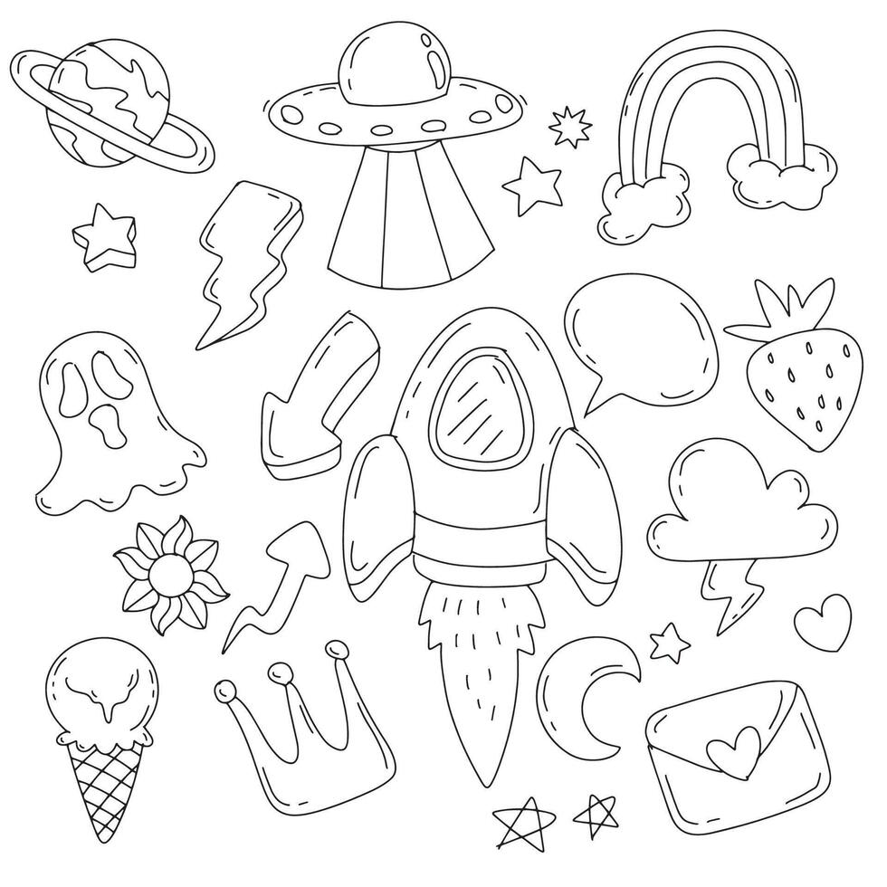 Minimalist Hand Drawn Doodle with Space, UFO, and Fun Elements vector