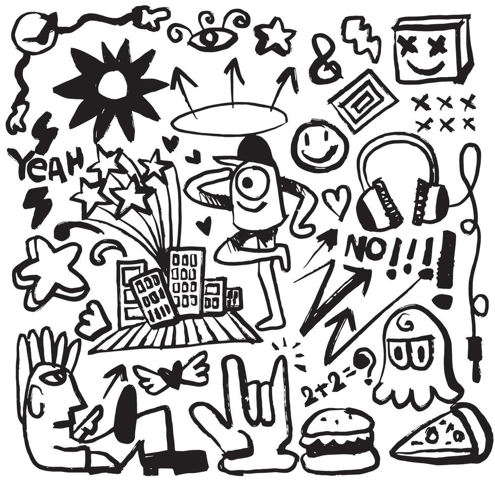 Rough Hand Drawn Doodle with Fun and Cool Elements vector