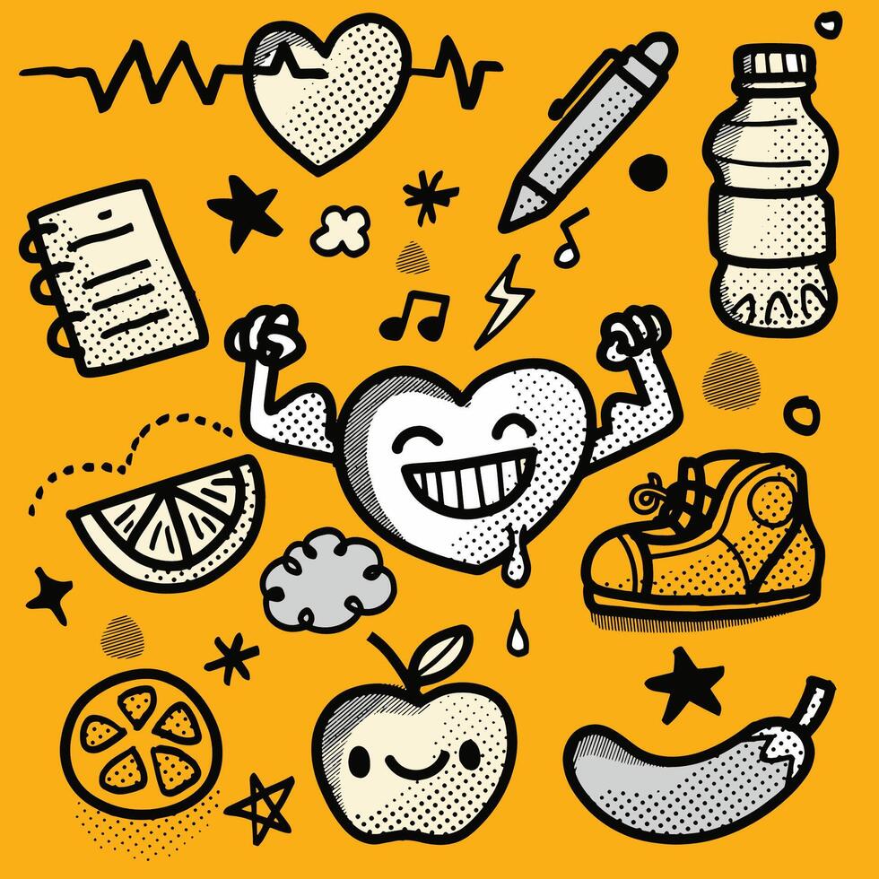 Hand drawn doodle style yellow themed fitness and health illustration with halftone vector