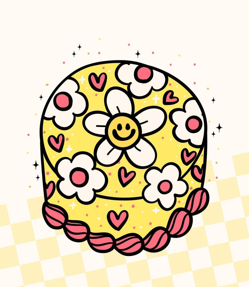 Groovy Retro Cake yellow with smile face daisy flower Doodle Pastel Bold Line Festive Design idea for greeting card vector