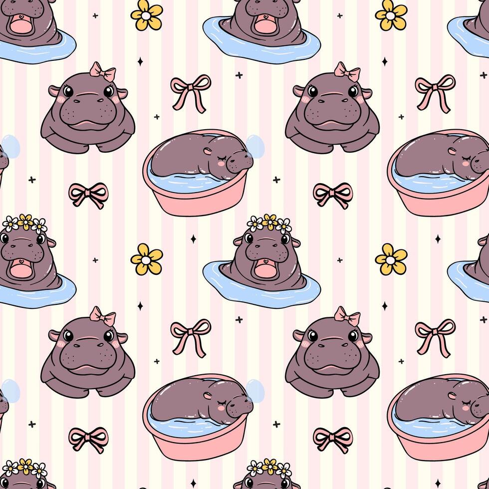 Cute baby hippo seamless pattern coquette cartoon character isolated on background vector