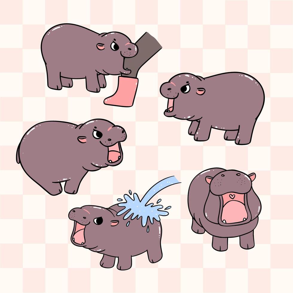 cute grumpy baby pygmy hippo moo deng cartoon character collection vector