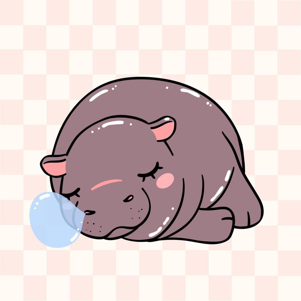 cute grumpy baby pygmy hippo sleeping moo deng cartoon character vector