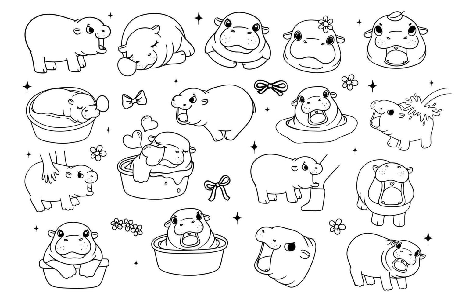 Cute Grumpy Baby Pygmy Hippo Playful Bouncy Pig outline bold lined Cartoon Hand Drawn Doodle collection vector