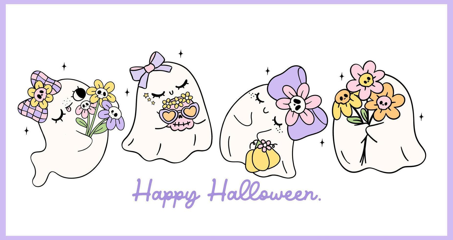 Retro Pastel Halloween Ghosts banner purple Coquette Spooky Cute Cartoon doodle drawing t shirt printable design vector