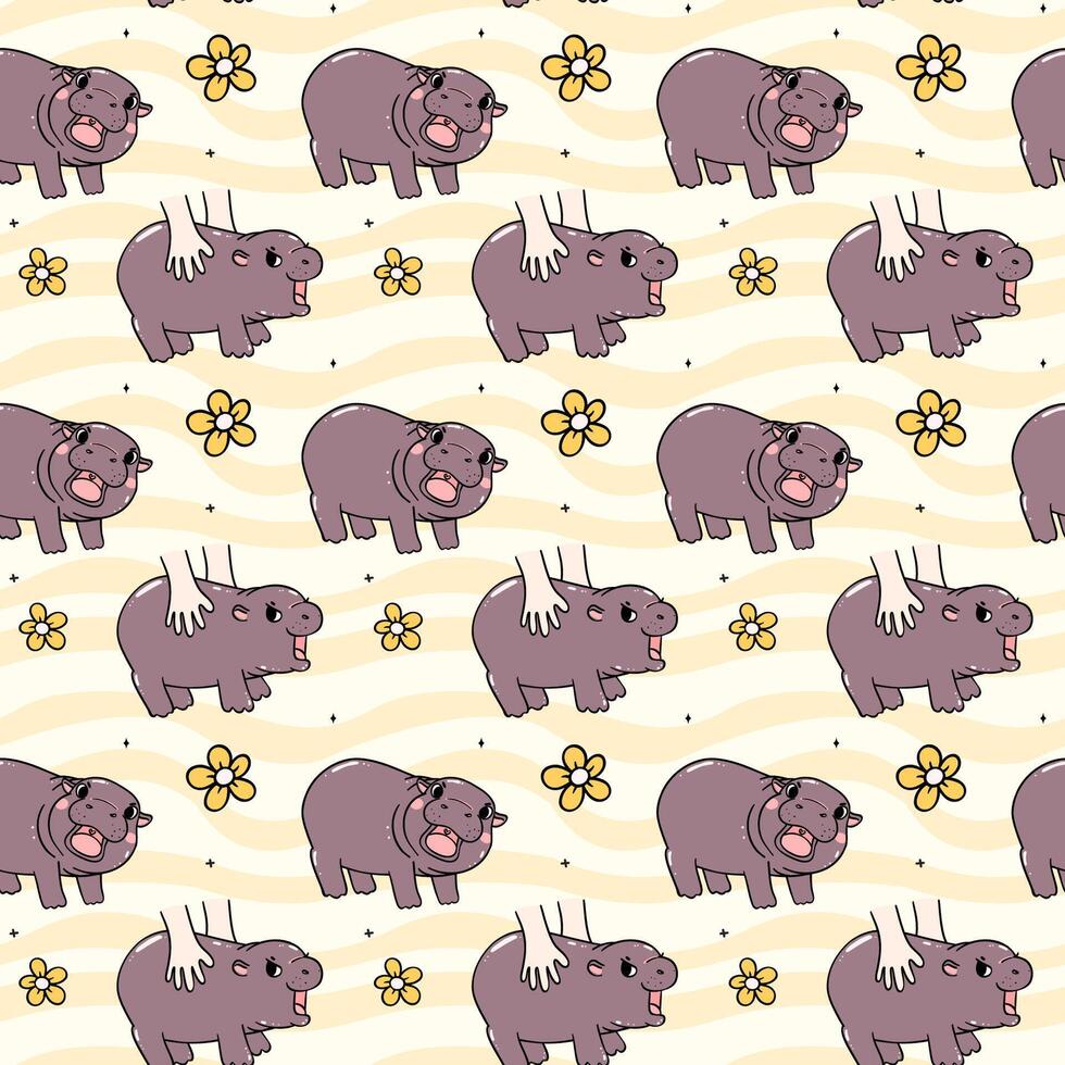 Cute Grumpy baby hippo bouncy pig seamless pattern cartoon character isolated on background vector