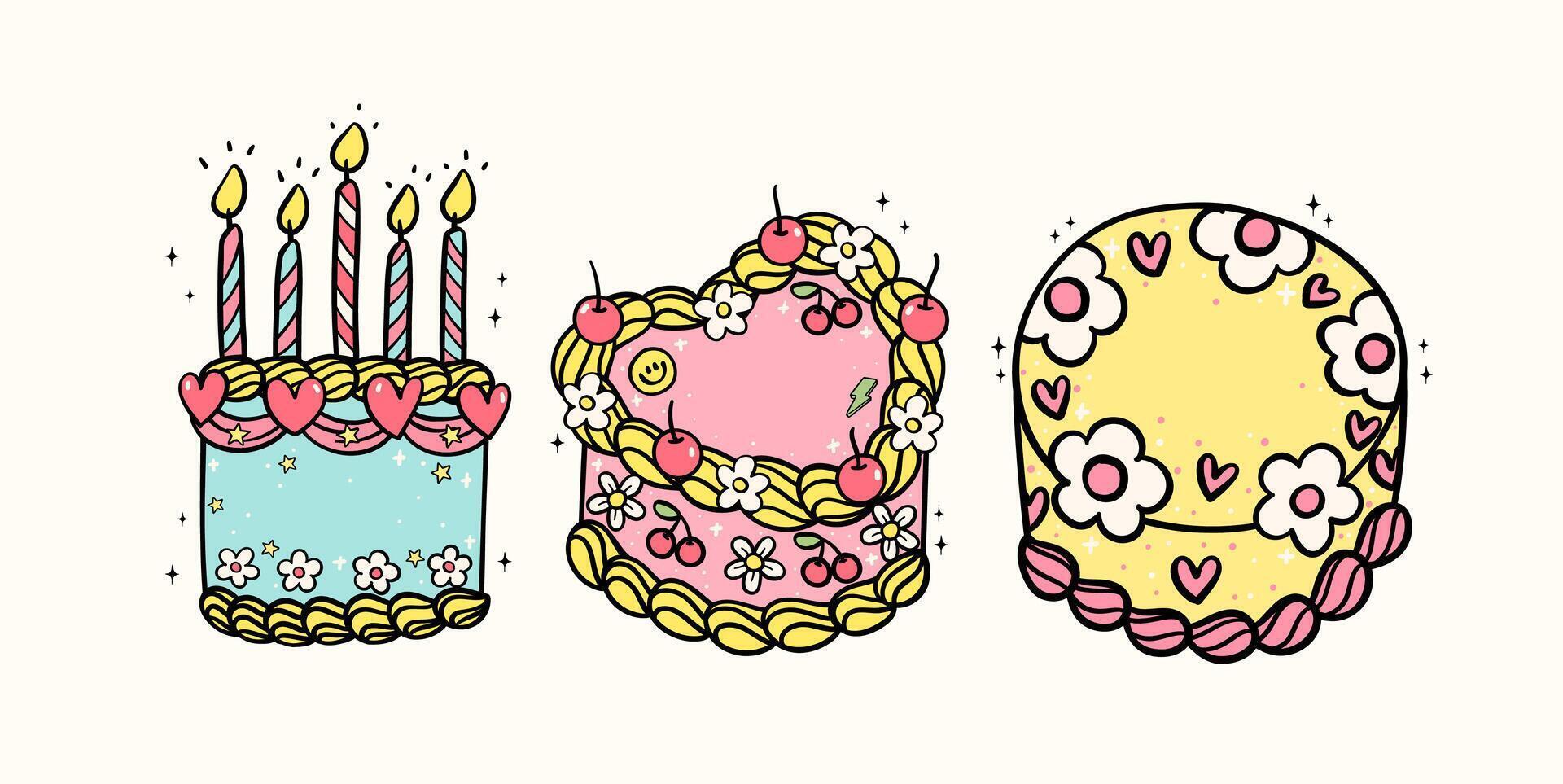 Groovy Retro Cake Vintage heart cake Doodle Banner Vintage Pastel Bold Line Festive Design collection vector