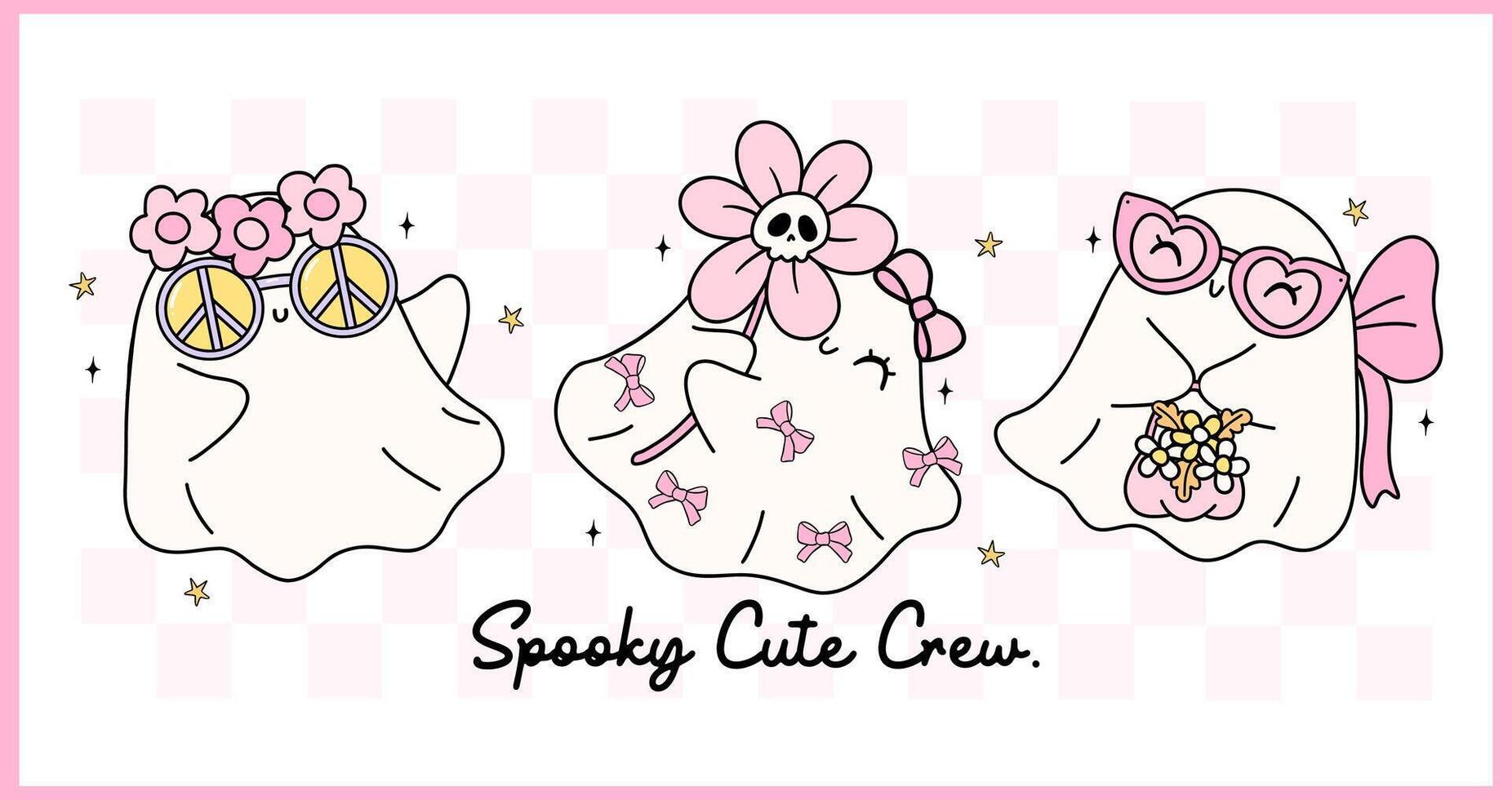 Retro Pastel Halloween Ghost Pink Coquette Spooky Cute Cartoon doodle drawing banner vector