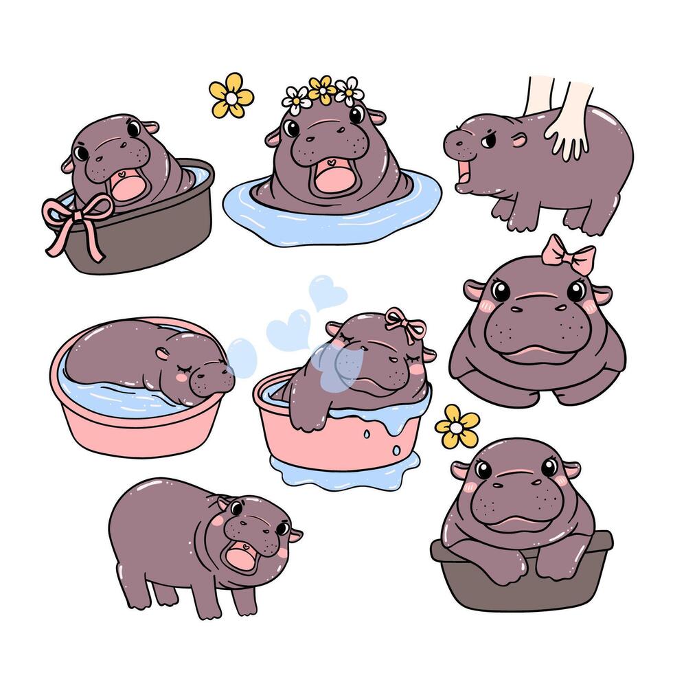cute baby pygmy hippo bouncy pig cartoon character collection vector