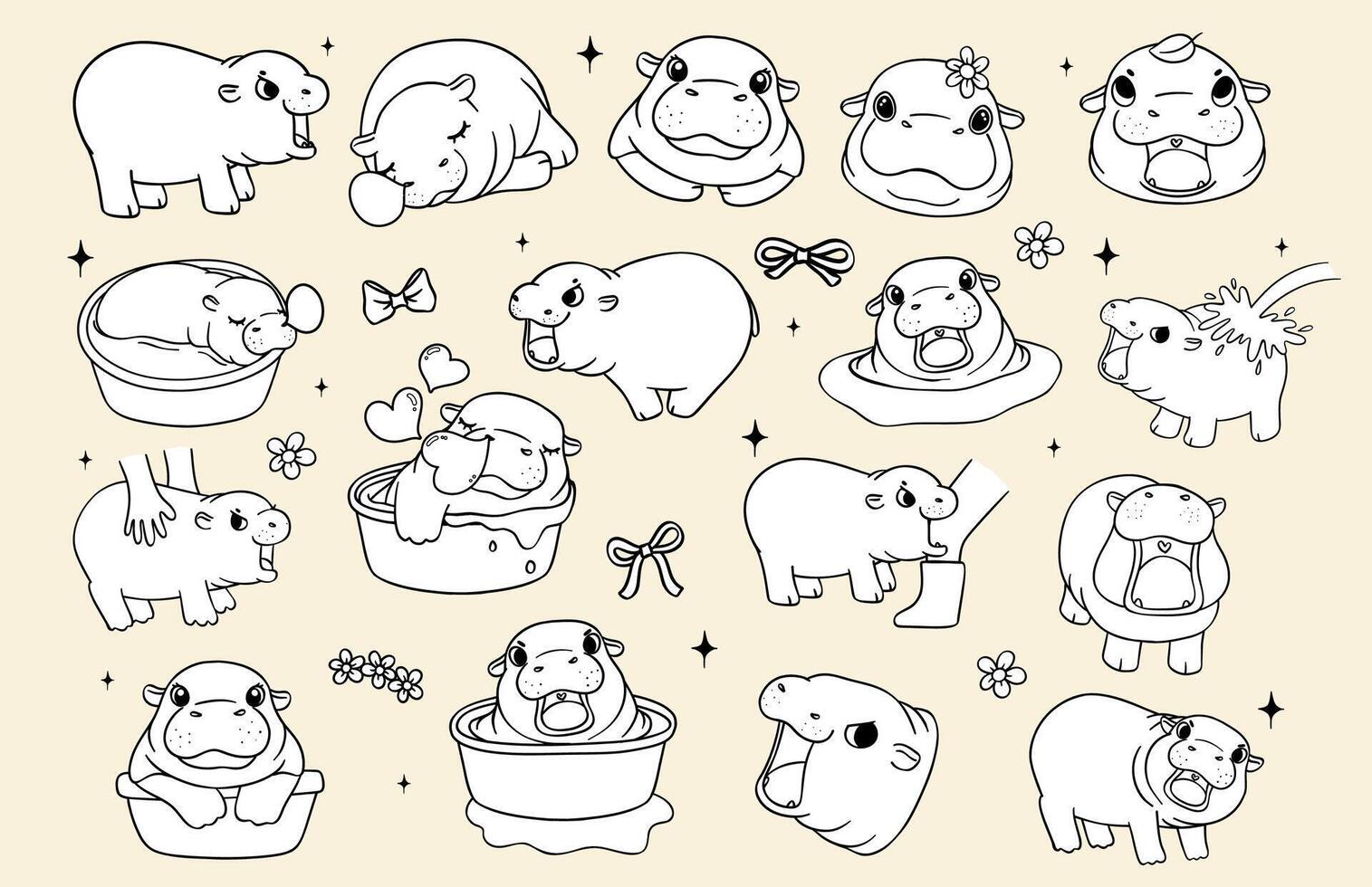 Cute Grumpy Baby Pygmy Hippo Playful Bouncy Pig coloring image Cartoon Hand Drawn Doodle colouring page Sheet vector