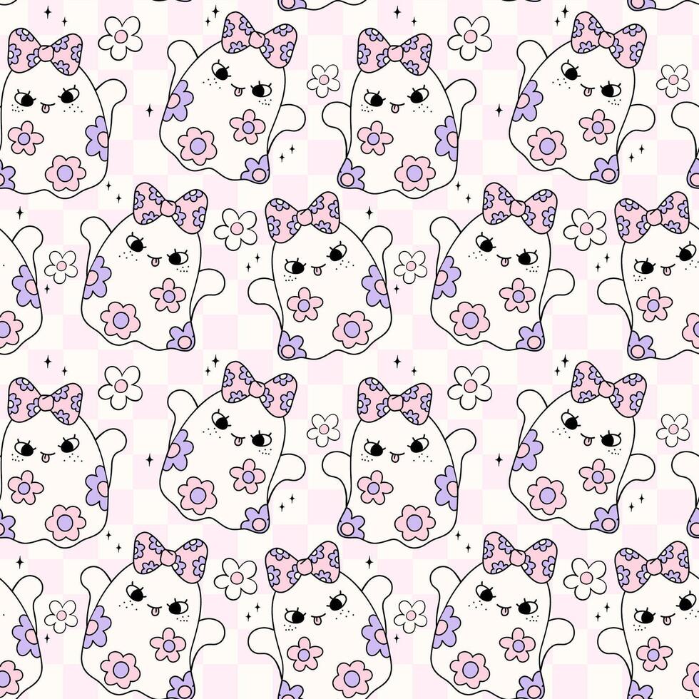 Retro Groovy Pastel girly Halloween Ghost Seamless Pattern Coquette floral Cute Cartoon repeat design isolated on background vector