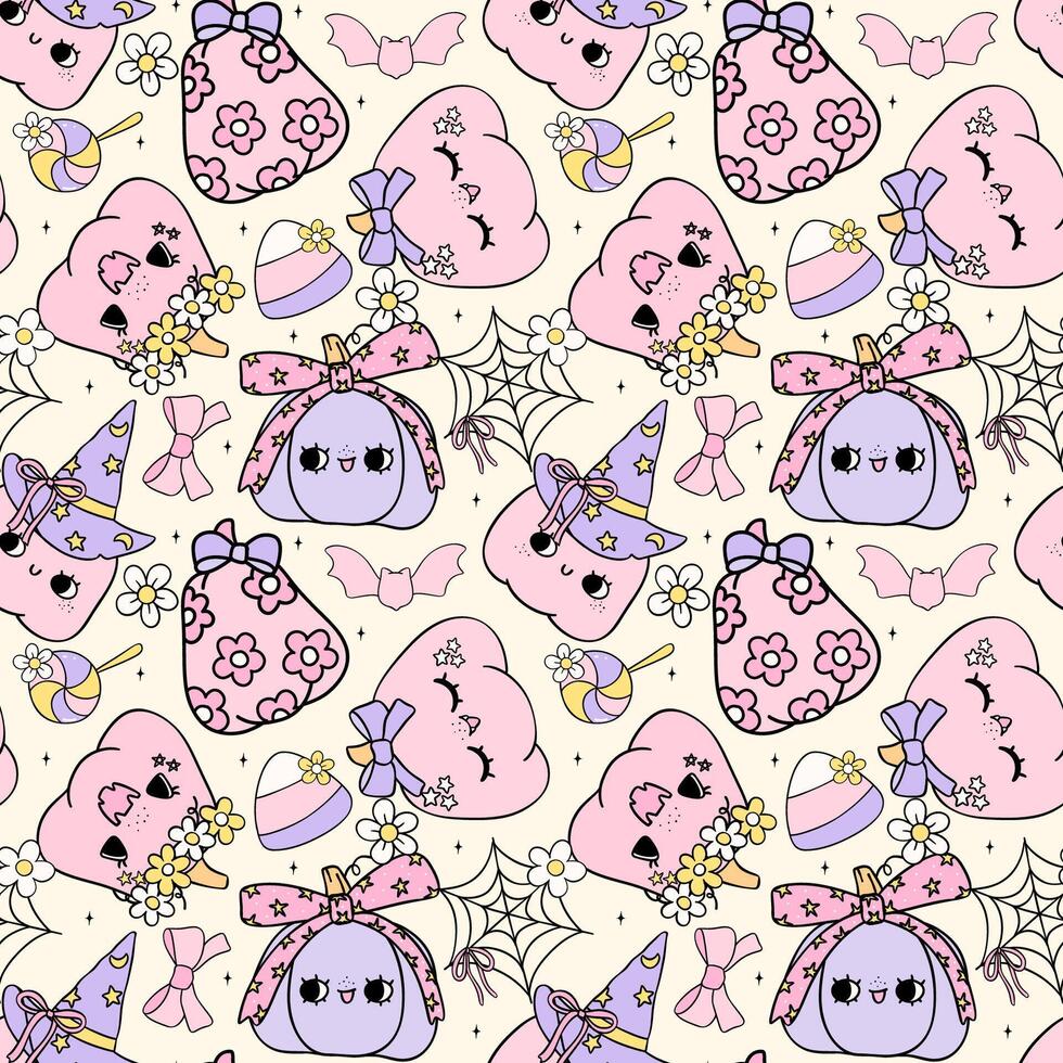 Retro Pink Pastel Halloween Pumpkins Seamless Pattern purple Coquette Spooky Cute Cartoon repeat design isolated on background vector